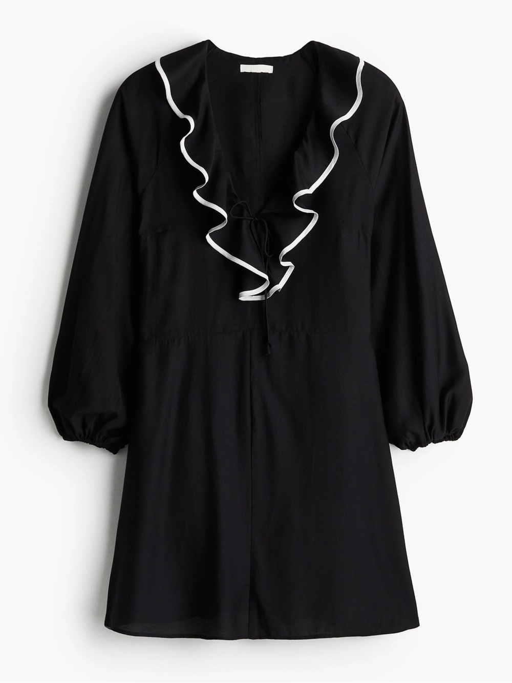 H&M Black and White V-Neck Tunic with Ruffle Trim